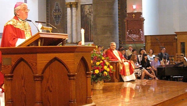 Archbishop Celestino Migliore, papal nuncio to the United Nations, delivers the homily during the Mass commemorating the end of the Holy Year of St. Paul at the Church of St. Paul the Apostle June 28.