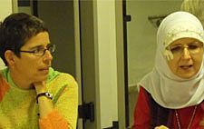 Amy Buckinghan and Debra S. Mageed participate at a round table discussion during the Fear and Trembling event at the Cathoic Information Center in Grand Rapids, Mich.