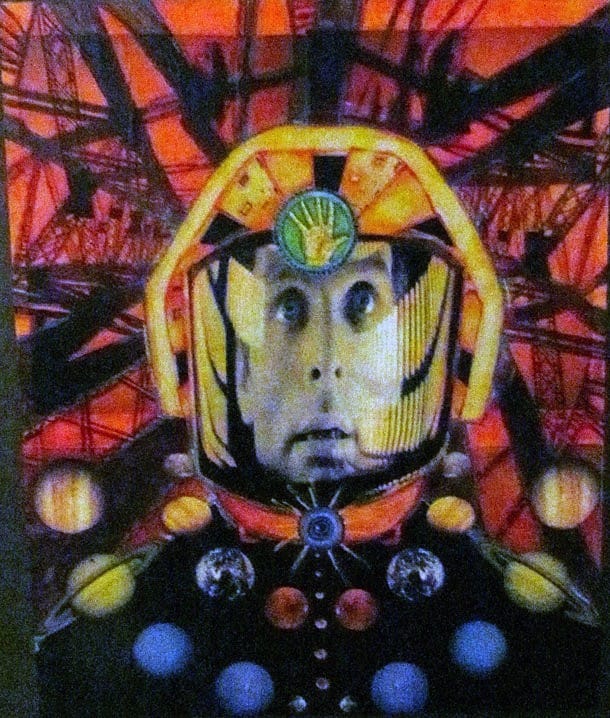 Danielle Goldsmith, Consciousness Convergence, collage with acrylic on gosso board, 16x20 inches