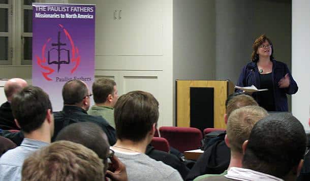 Kathleen Gallaher, Ph.D., discusses internet pornography addiction to approximately 100 seminarians and formation directors Feb. 18 at St. Paul's College in Washington, D.C. Ms. Gallaher cited research that $3,000 per second is spent on internet pornography, and more than 25 million Americans spend 1-10 hours per week engaged with internet porn.