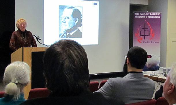 Harvard Professor Mary Jo Bane delivers the 2012 Hecker Lecture Jan. 3 at St. Paul's College in Washignton, D.C. An image of Paulist Founder Father Isaac T. Hecker is on the screen.