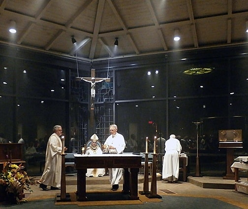 The newly-dedicated altar at St. Paul's Parish in Horseshoe Bay is prepared for the Liturgy of the Eucharist.